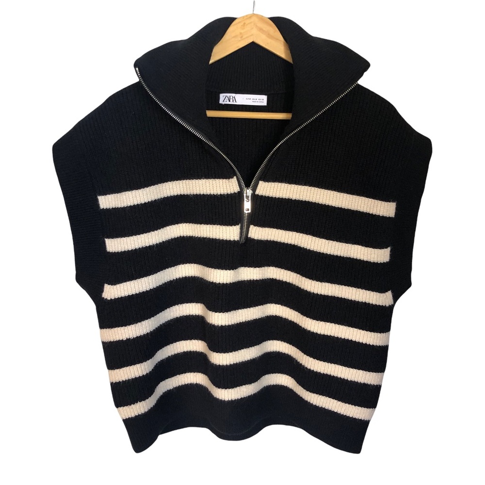Zara Stripped Sweater Vest Half Zip Navy/White - Size M